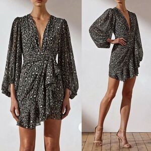 Shona Joy Buell Plunged Draped Mini Dress Leopard Size 2 Faux Wrap Cocktail